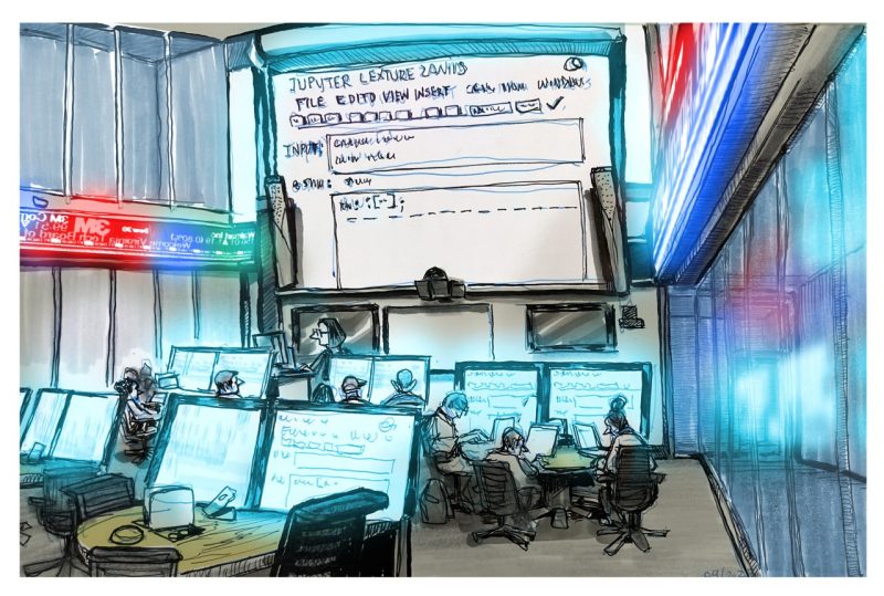 Ink and digital color of the new Trading Analytics Lab inside the Data and Decision Sciences Building