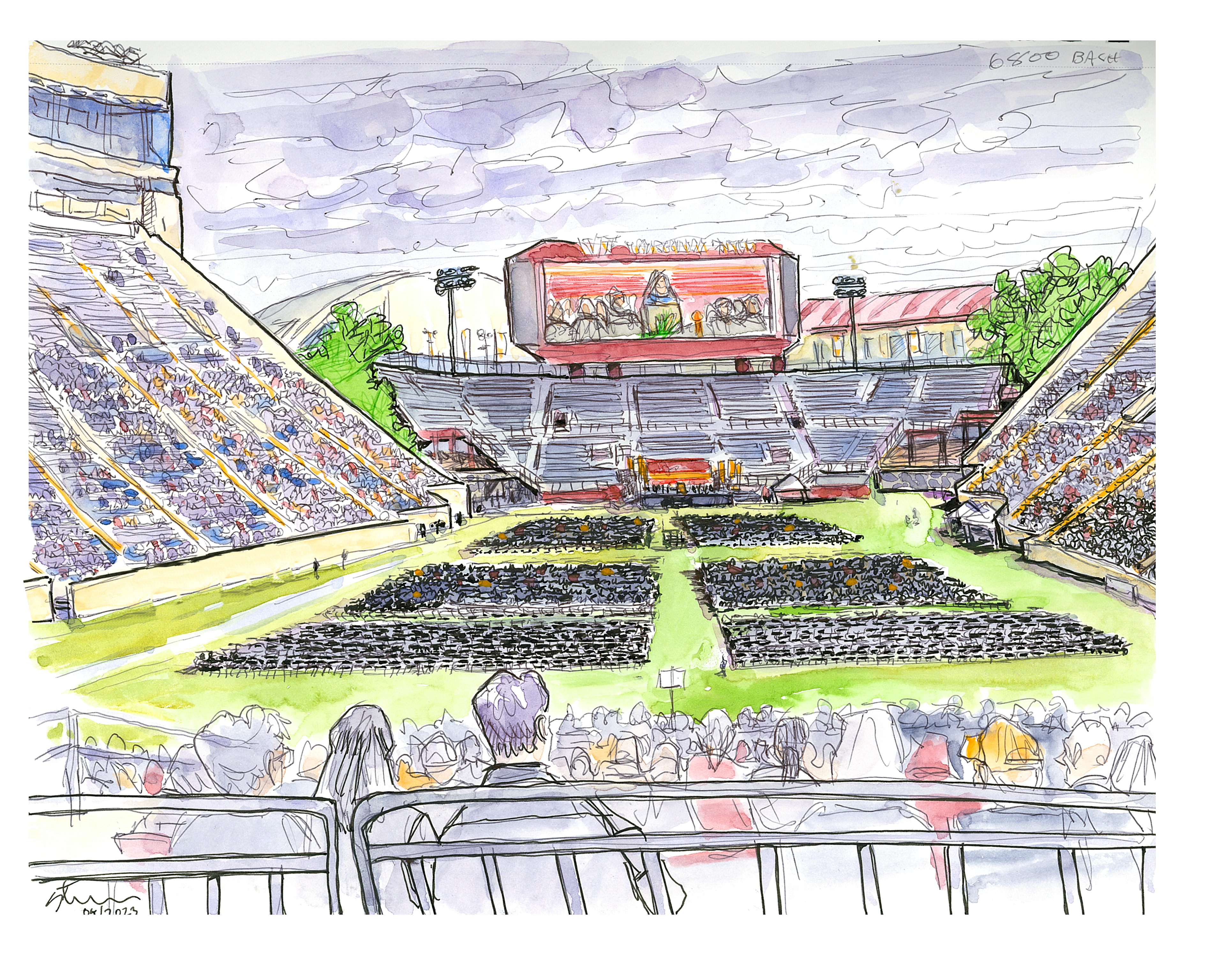 Ink and watercolor sketch of 2023 commcnement ceremony from the south end zone of Lane Stadium