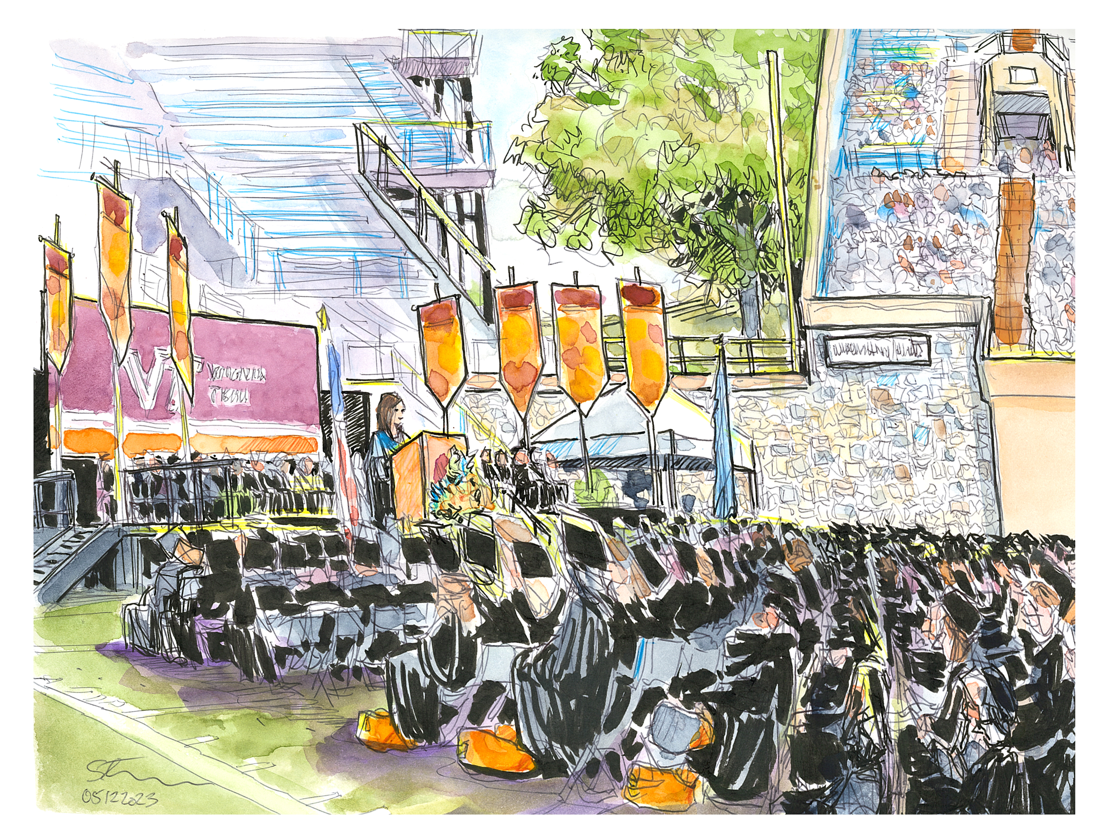 ink and watercolor location sketch of 2023 spring university commencement in lane stadium, worsham field