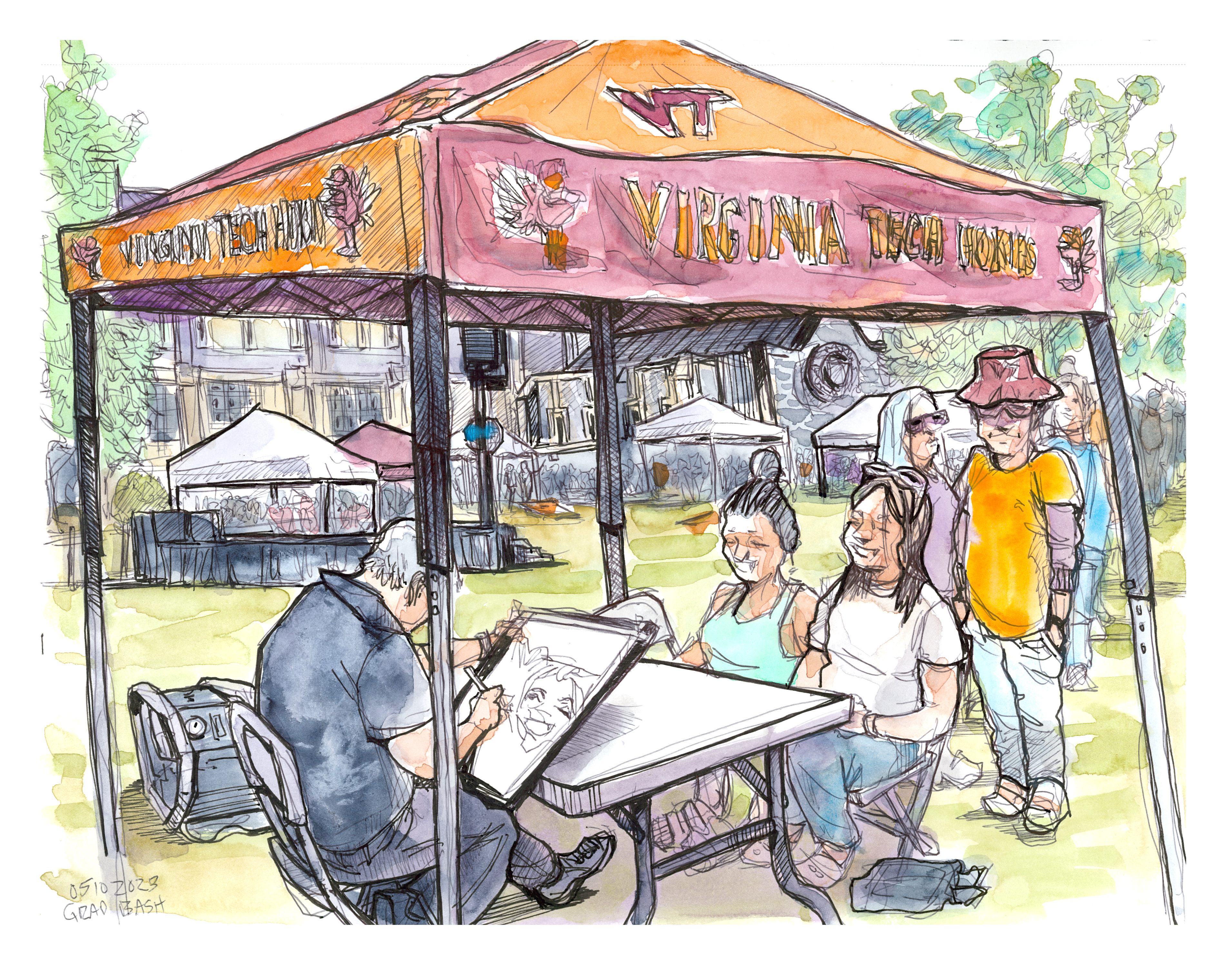 Ink and watercolor sketch of two students having their caricature made at the 2023 GRAD BASH on the Holtzman Lawn