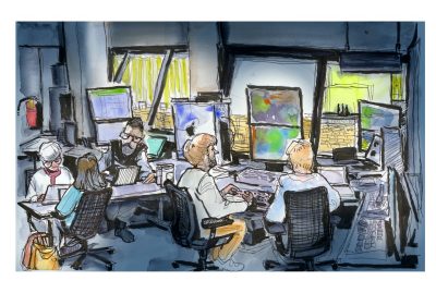 Ink and watercolor sketch from inside the control booth of the 2023 State of the University Pre-Show preparations