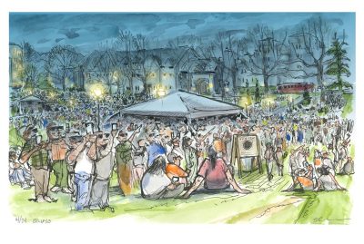 Ink and digital and watercolor sketch of the Virginia Tech community viewing the eclipse on the Drillfield
