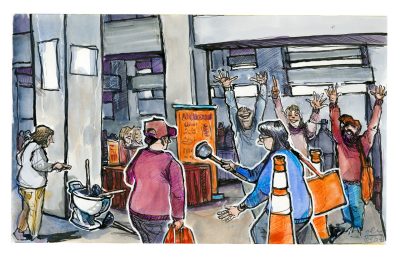 Sketch of employees under the East Stands of Lane Stadium playing a plunger toss game at employee appreciation day