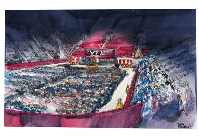 Ink and watercolor sketch of the Fall 2024 Virginia Tech Commencement in Cassell Coliseum 