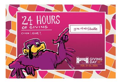 Digtial sketch of the giving day button and the hokiebird