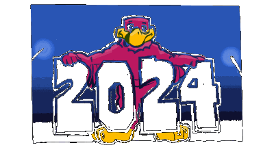Digital looping gif of the hokiebird behind a 2024. Happy new year hokies!