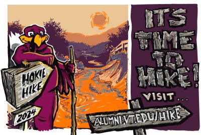 Digital sketch of the HokieBird on a hiking trail and promo lettering: ‘ it’s time to hike!’