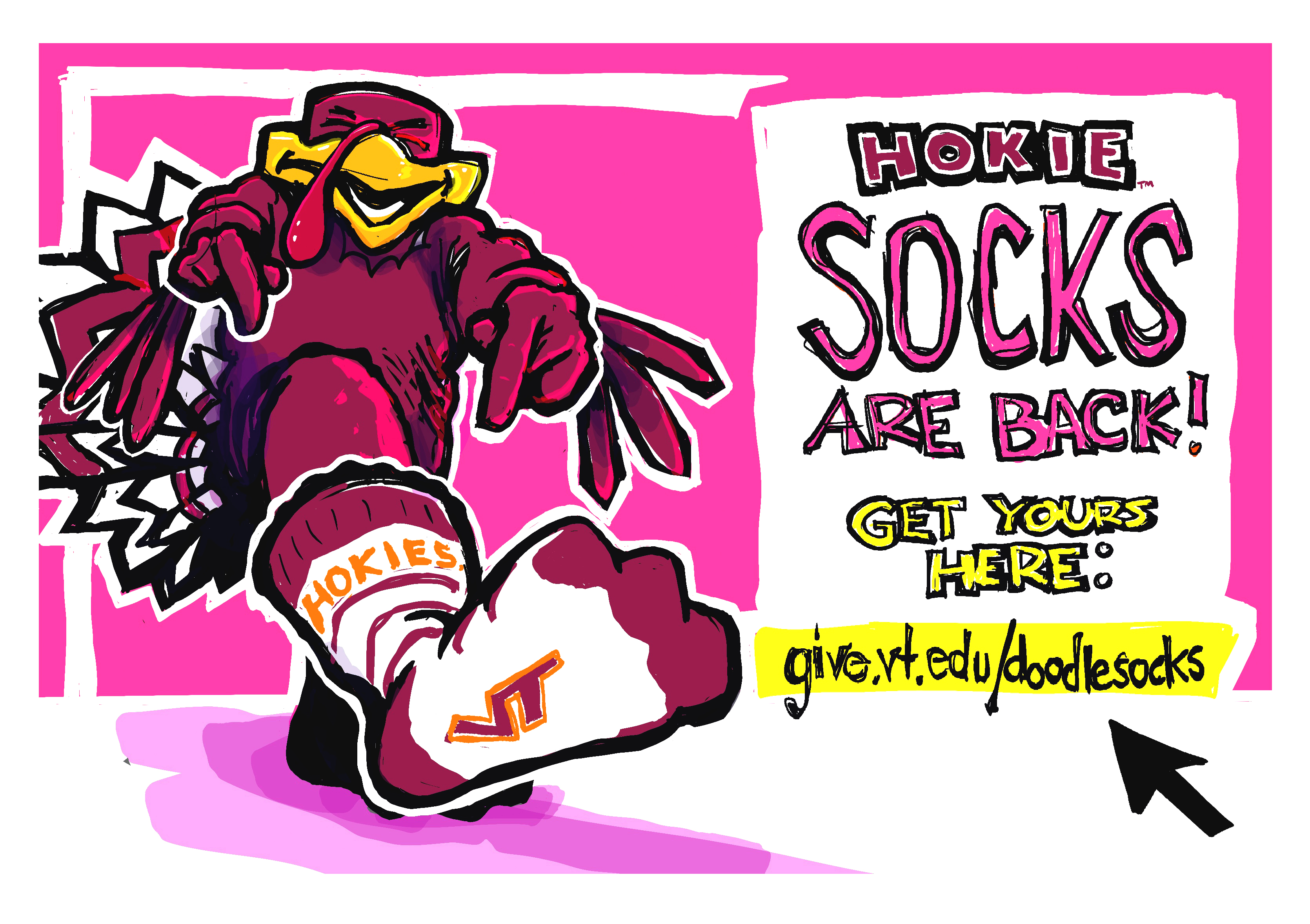 Digital sketch of the HokieBird with Hokie Socks on