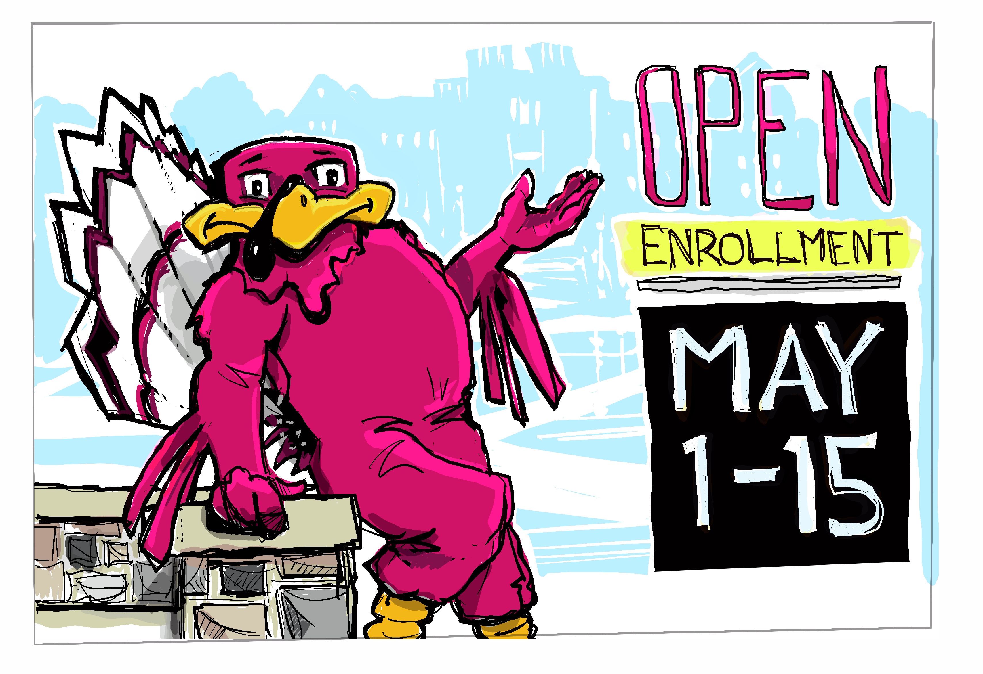 Digital sketch of the Hokie Bird reminding employees that open enrollment starts May 1 and concludes May 15