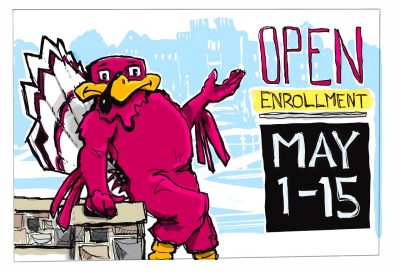 Digital sketch of the Hokie Bird reminding employees that open enrollment starts May 1 and concludes May 15