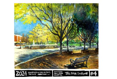 Watercolor sketch of the elm and yellowwood tress at Squires Plaza Fountain