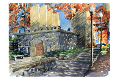 A watercolor sketch of the Veterans Day rifle salute by the Virginia Tech Corps of Cadets at the War Memorial Chapel and Pylons