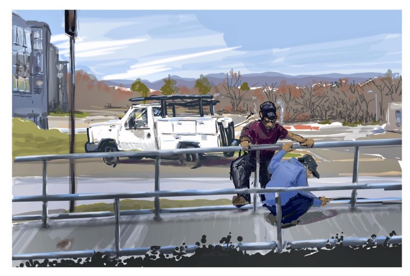 Digital painting of two grounds employees doing routine winter maintenance on handrails behind Kelly Hall