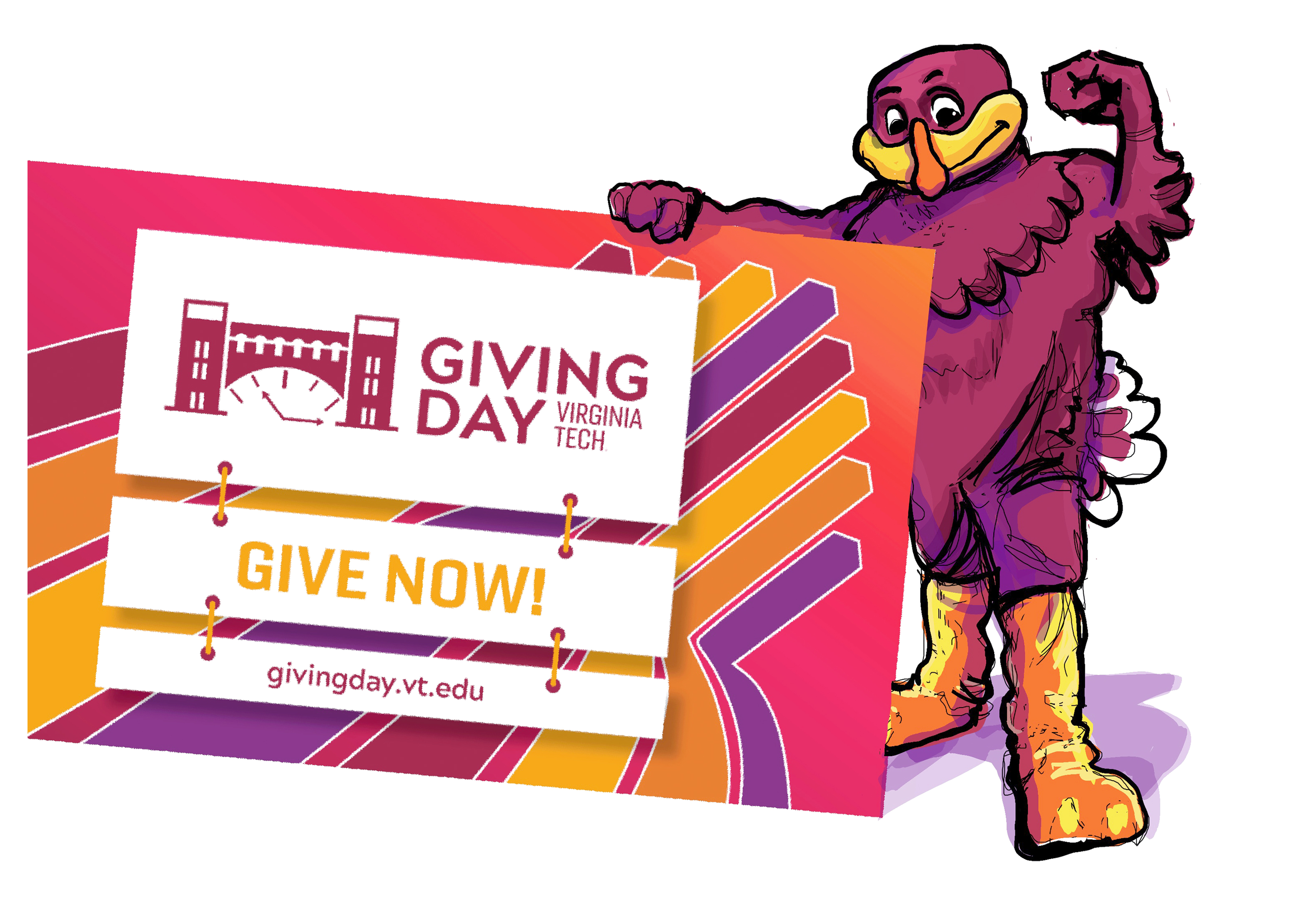 HokieBird holding a Giving Day promo banner