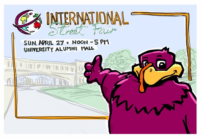 Digital sketch of the HokieBird gesturing to the notice of international street fair april 27, 2025 noon to 5pm alumni mall
