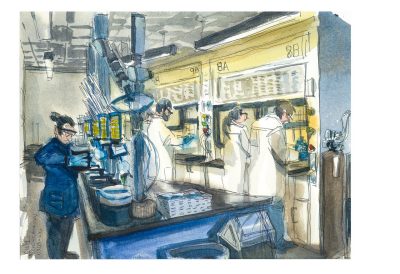 Watercolor and ink sketch of students in an undergrad organic chemistry lab in the newly opened  Undergraduate Science Laboratory Building