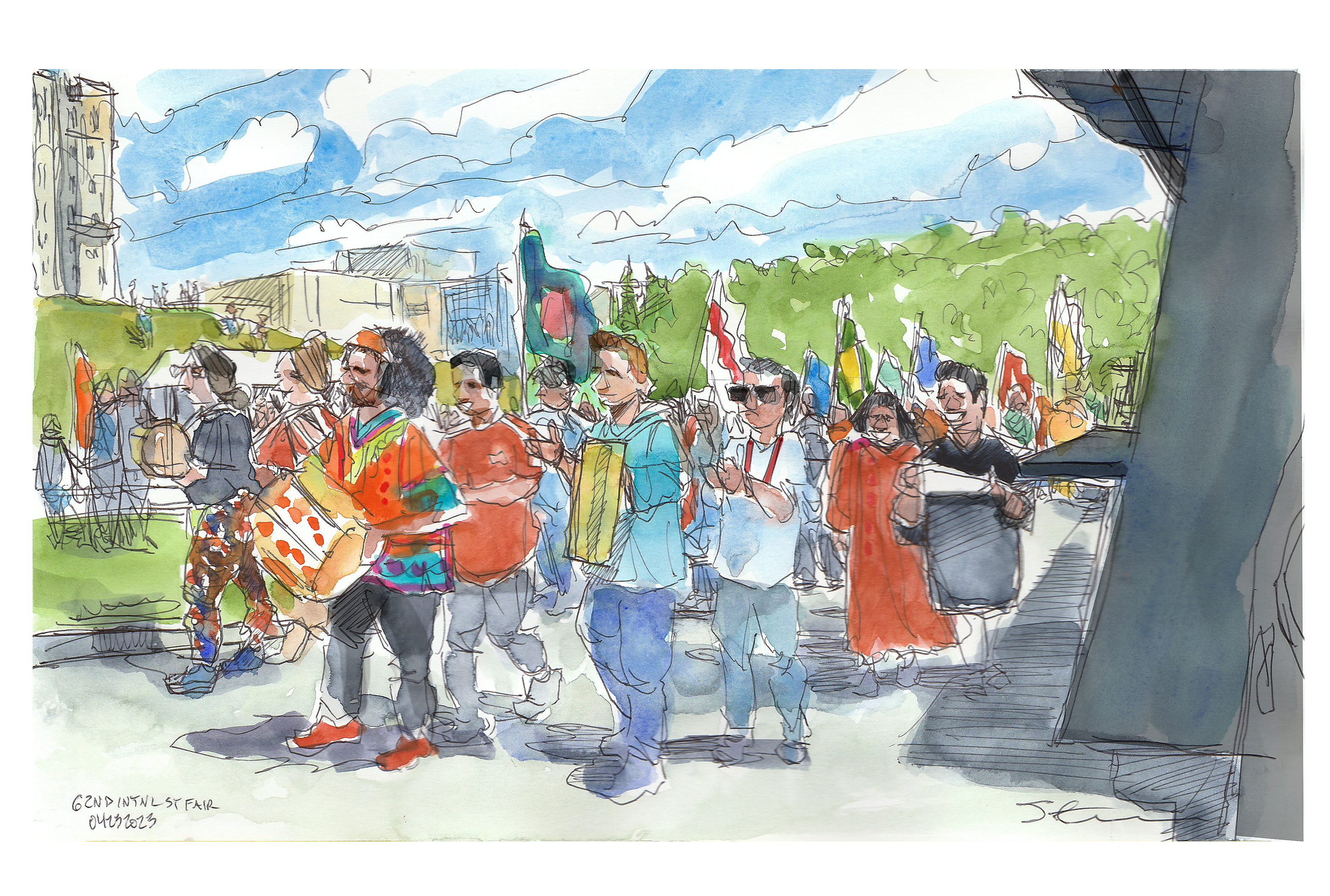Ink and watercolor sketch of a parade opening the 62nd International Street Fair on the Mall