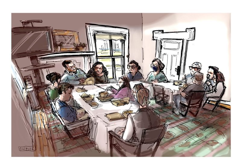 Ink and digital color sketch of students, professors, and community recovery leaders meet with Delegate Sam Rasoul about Catawba Hosptial funding in Solitude