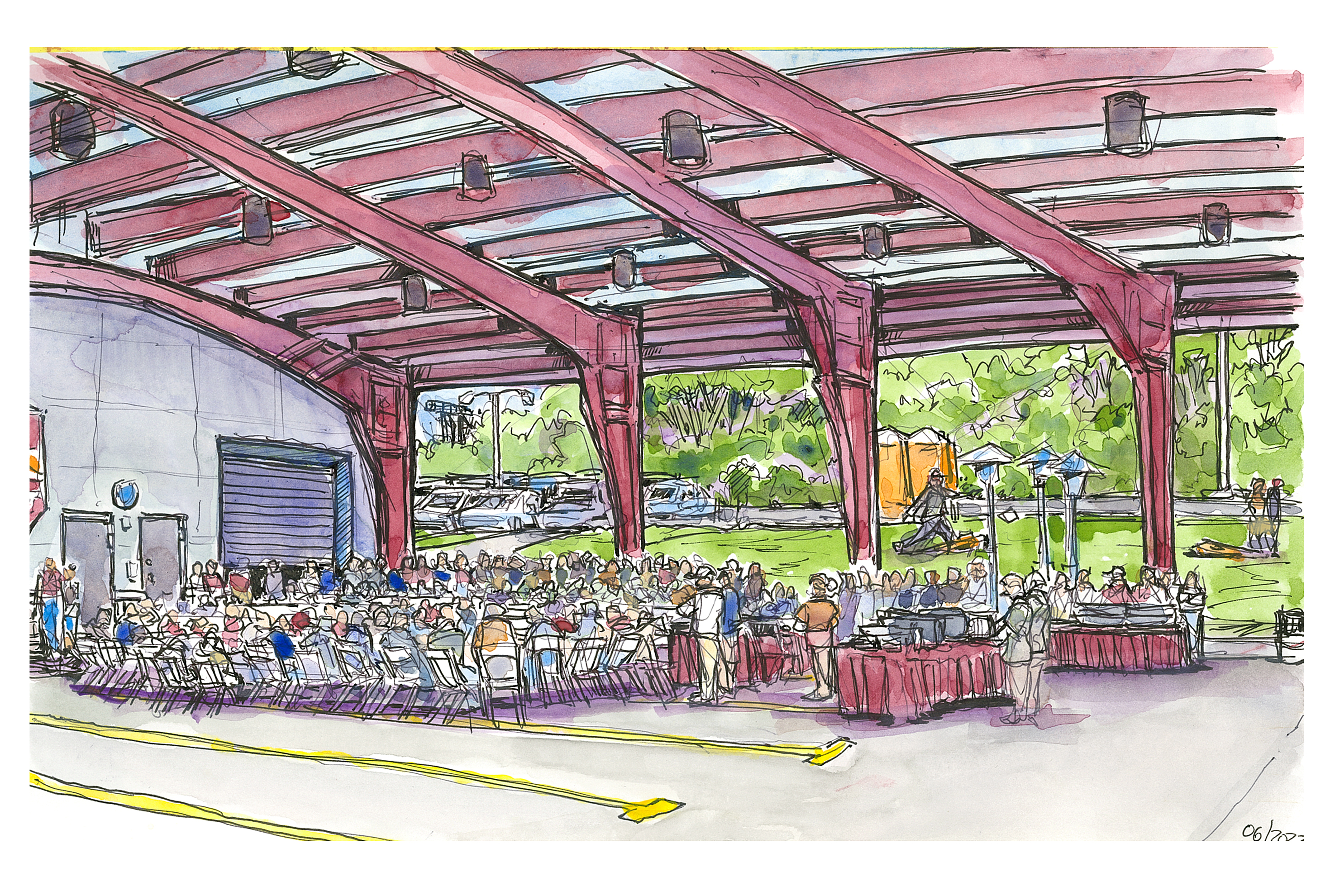 An ink and watercolor sketch of the Division of IT picnic at the Marching Virginians practice facility