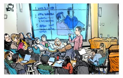 Ink and digital color sketch of a. Classroom of computer science TAs training using an NSF grant