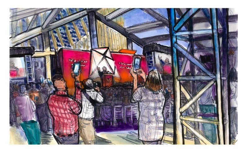 Watercolor sketch of the ribbon cutting ceremony remarks at the Virginia Tech Academic Building One in Alexandria