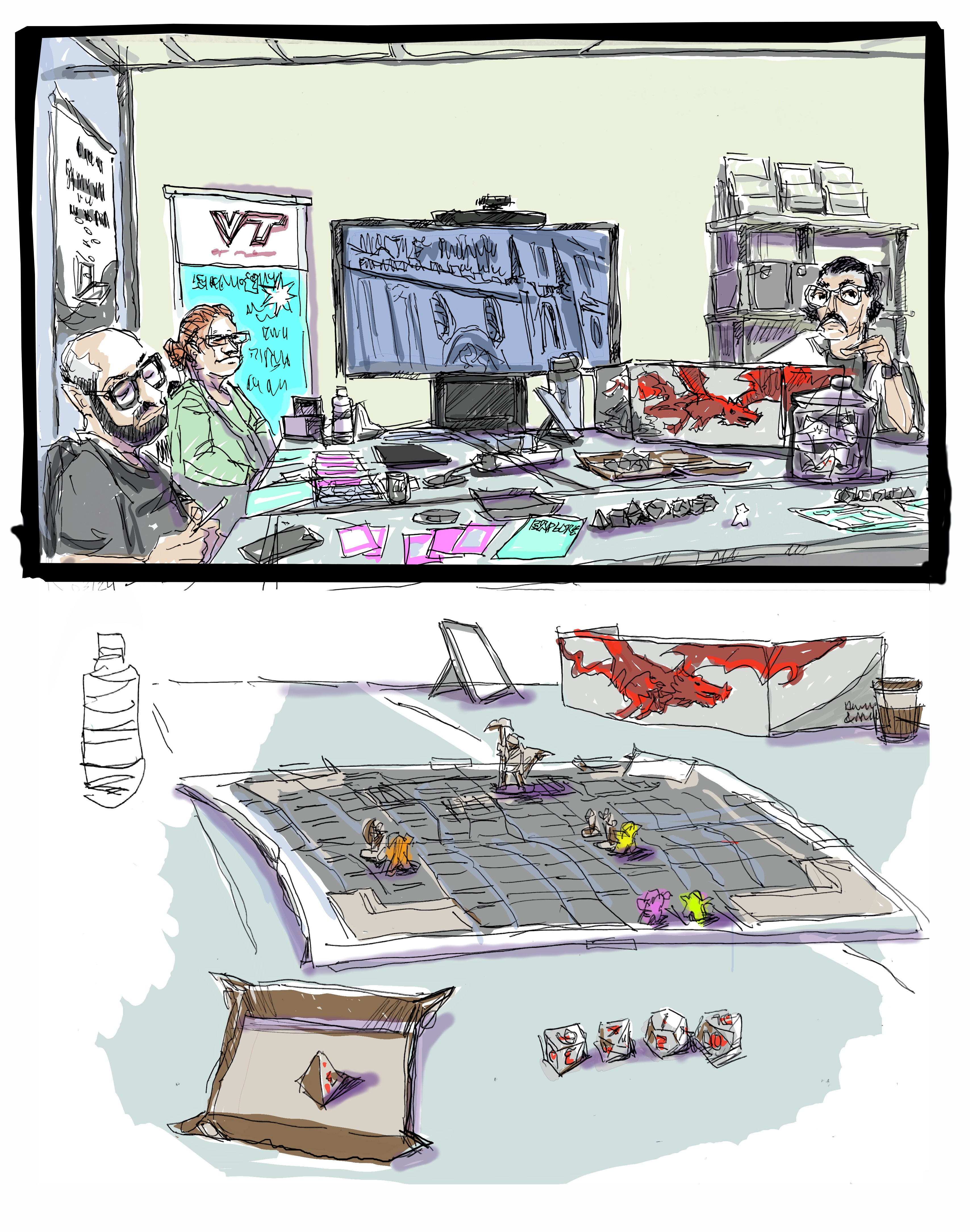 Digital sketch of virginia tech researchers Office for Equity and Accessibility developing a tabletop RPG for gamers with cognitive and physical disabilities called ‘Open the Gates Gaming’