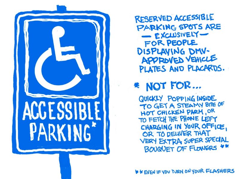 Digital sketch reminder that accessible parking spots are for dmv designated plates and placards only