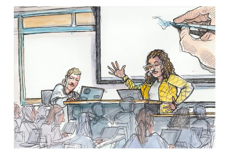 Ink and watercolor sketch of assistant professor Tyechia Thompson showing students how to use Voyant software to do text analysis of american literature