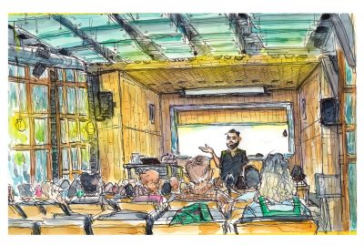 Ink and watercolor sketch of author Andrew Aydin iinside Steger Hall Auditorium about his civil rights book series