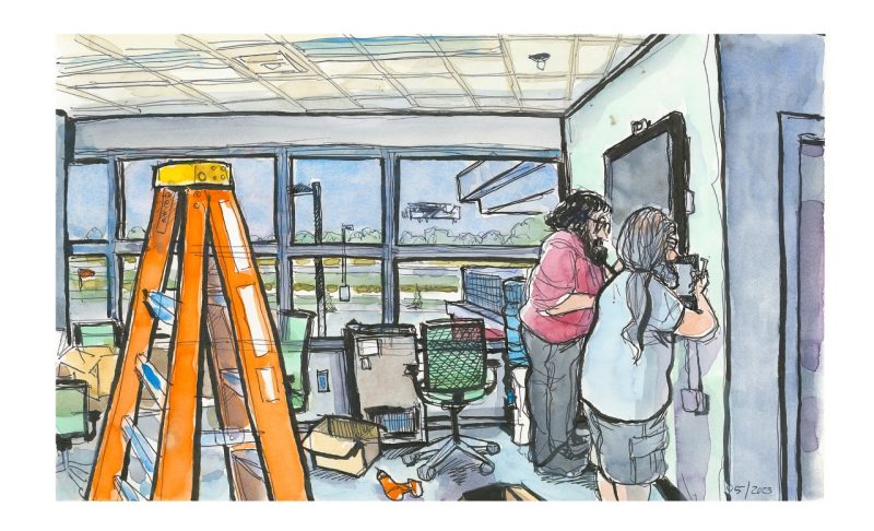 Ink and watercolor sketch of IT employees in AOE hanging a zoom call monitor in the Department Suite of the VT Swing Space at the VTCRC