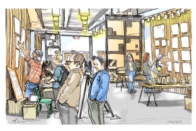 Ink and digital coloring of the 5th Thesis exhibits from architecture students in the Cowgill Lobby