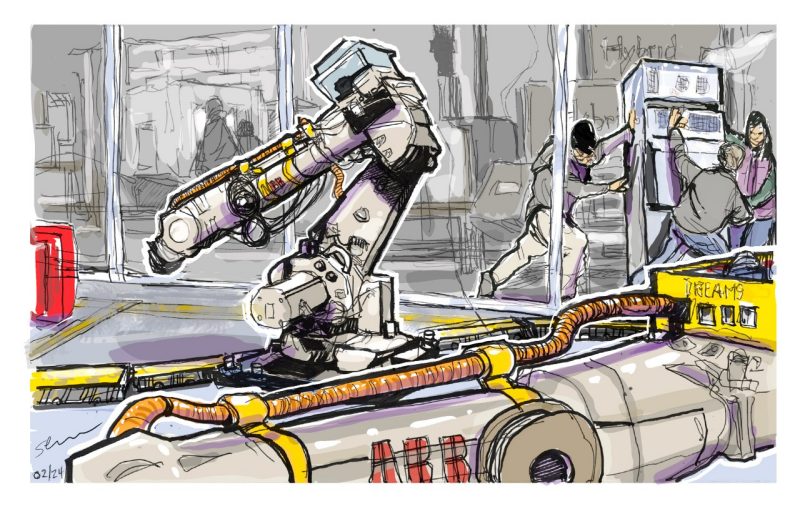 Digital and ink sketch of the DREAMS lab artculated robot being set up for welding research