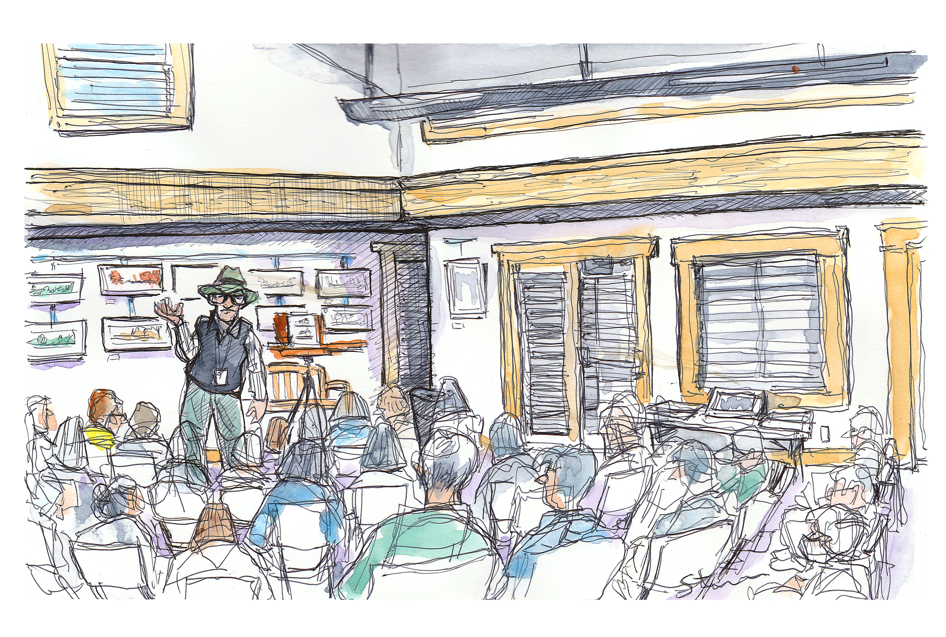 Ink and watercolor sketch of an artist's talk at the Peggy Lee Hahn Pavilion