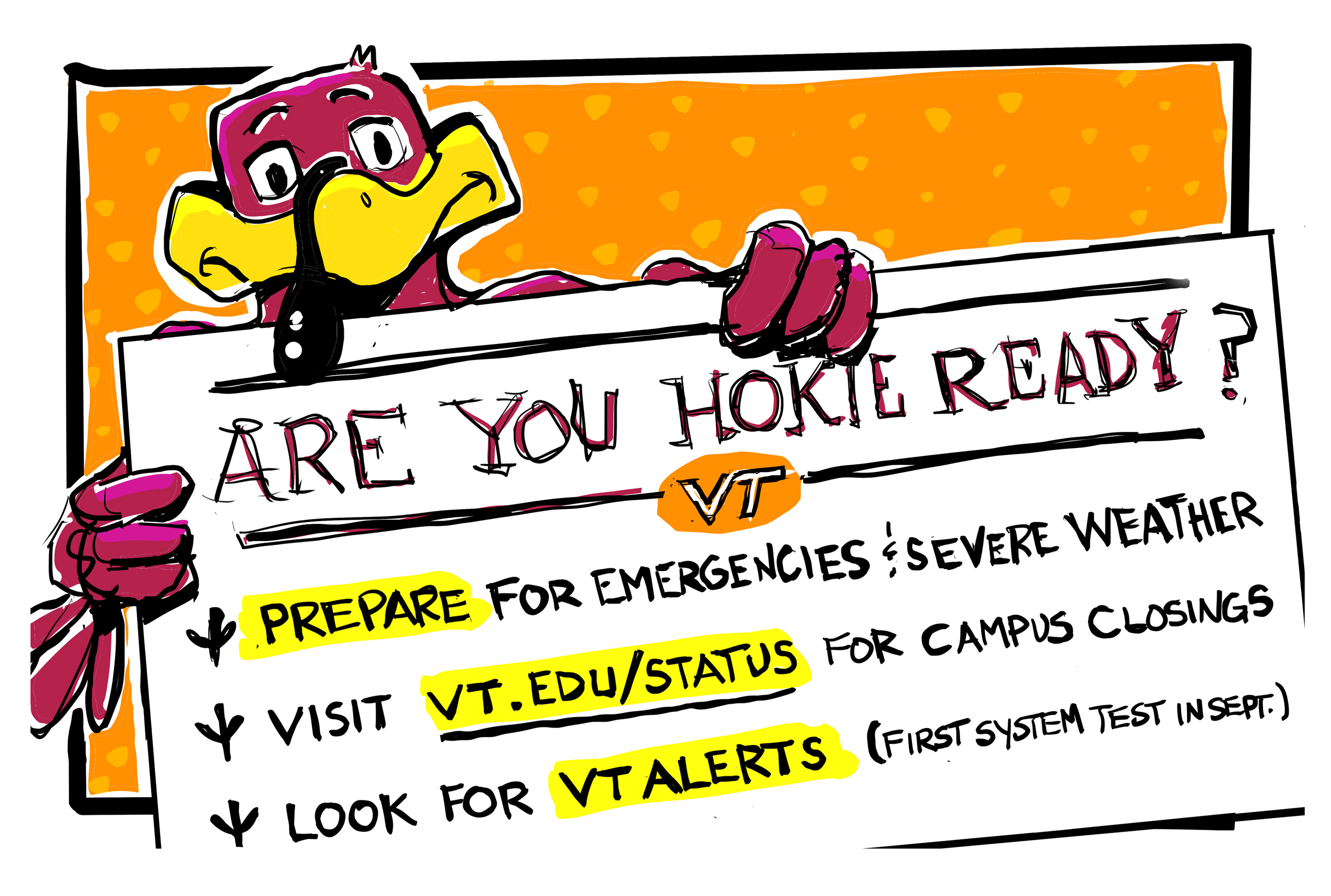 Digital sketch to remind Hokies to be prepared for emergencies and severe weather by being Hokie Ready