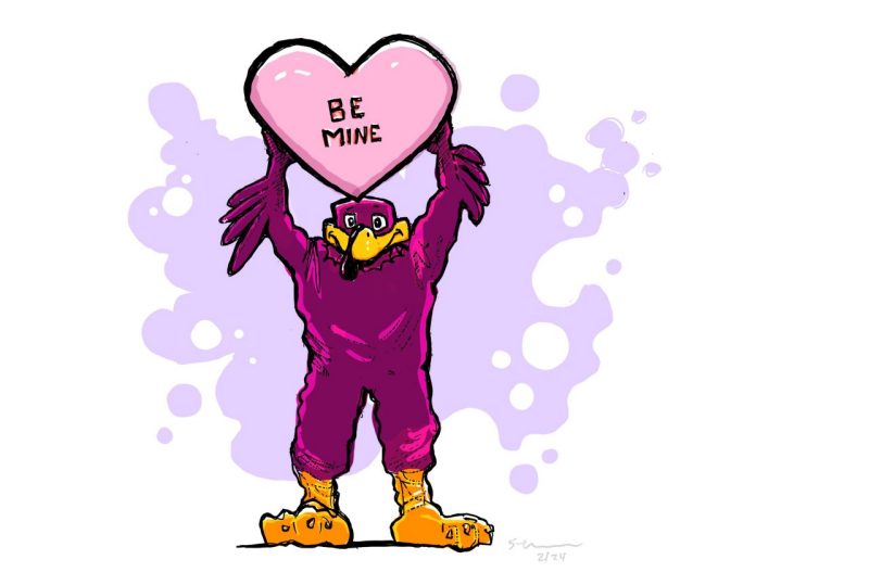 Digital sketch of the hokiebird holding a giant candy heart with 'be mine' on it. 