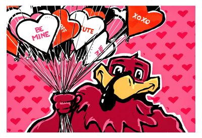 Digital sketch of the HokieBird holding a bunch of balloons with a smile. The balloons have "be mine', 'xoxox', 'hug me', and 'cute' on them