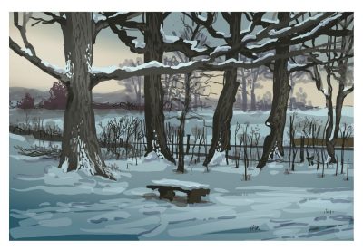 Digital painting of an empty snowy bench in january near southgate drive