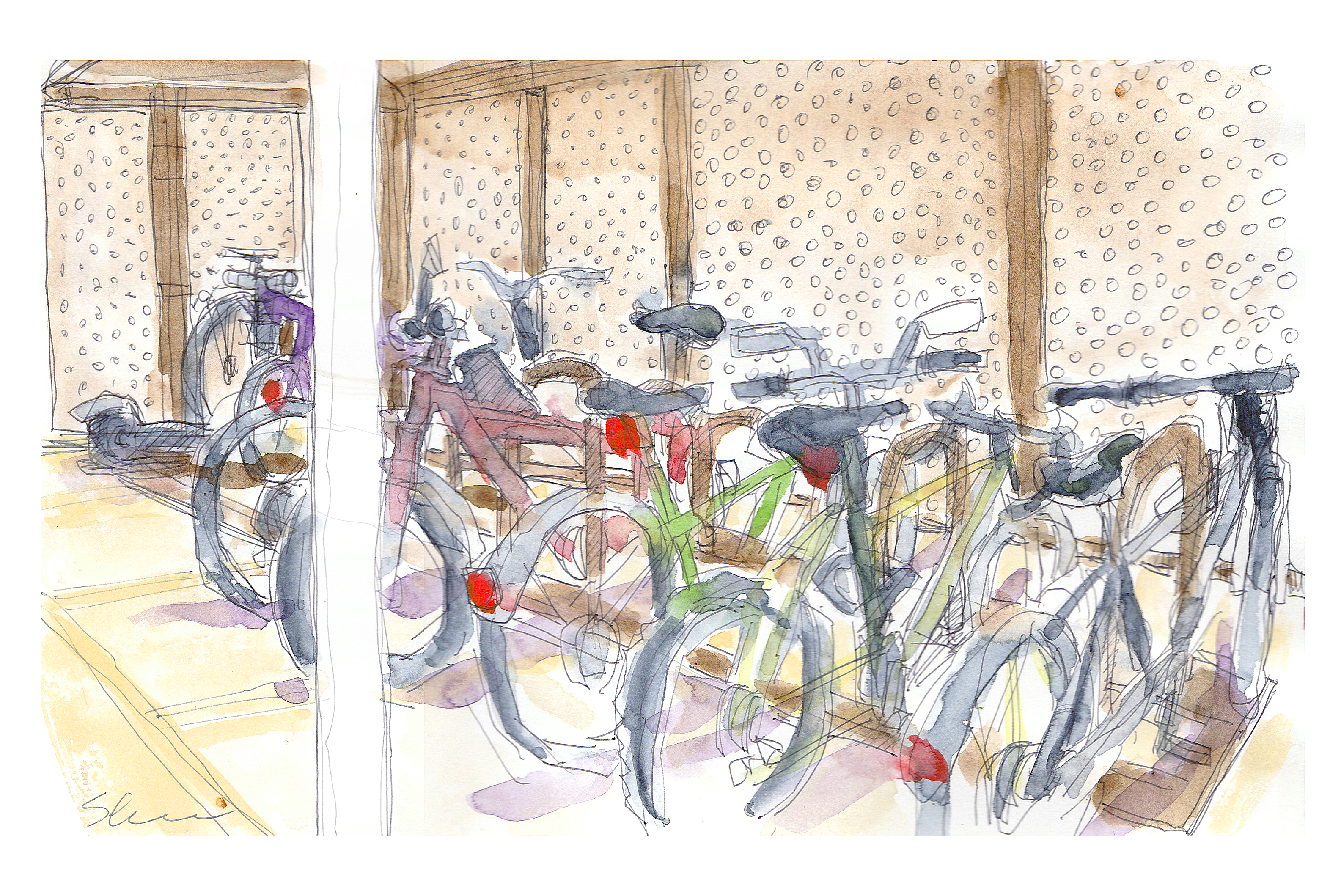 Ink and watercolor sketch of several bikes in a bike parking rack outside Steger Hall