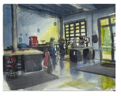 Watercolor and ink sketch from inside the Hokie Bike Hub on Bike to Work Day 2025