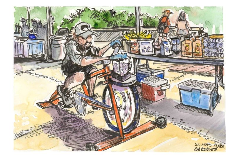 Ink and watercolor sketch of a blender bike making smoothies on the Squires Plaza for Sustainable Transportation Fair