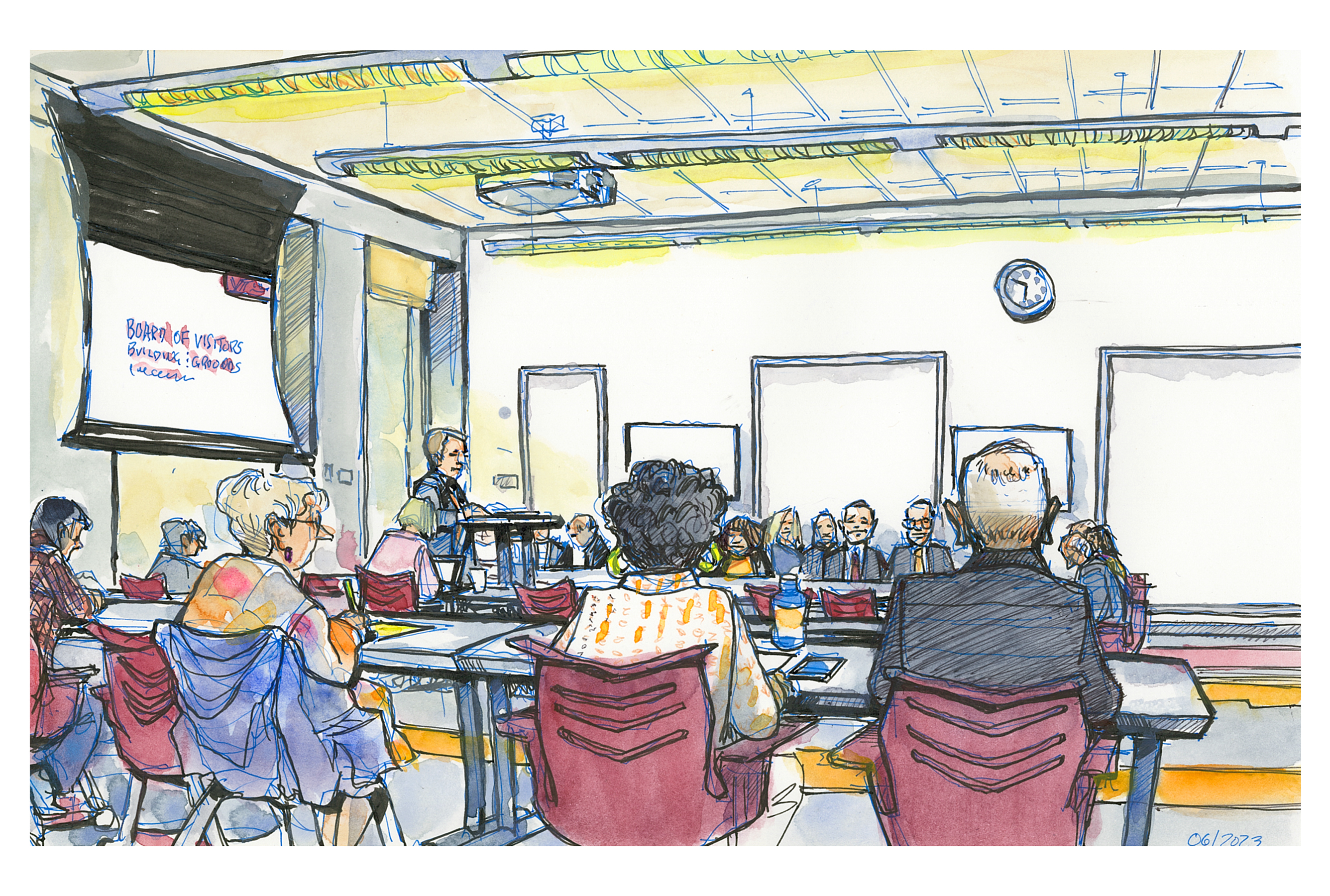 Ink and watercolor sketch of the Buildings & Grounds Committee for the June 6 Board of Visitors meeting