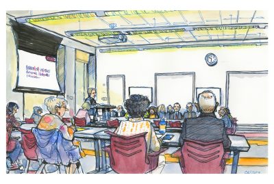 Ink and watercolor sketch of the Buildings & Grounds Committee for the June 6 Board of Visitors meeting