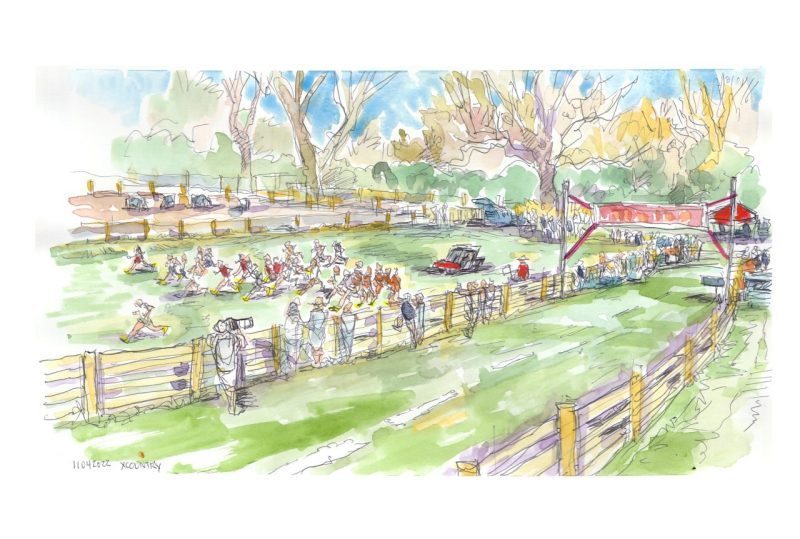 Ink and watercolor sketch of a cross country open at Buford Meredith course