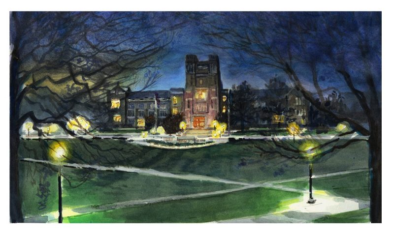 Watercolor sketch of Burruss Hall after the scaffolding has been removed