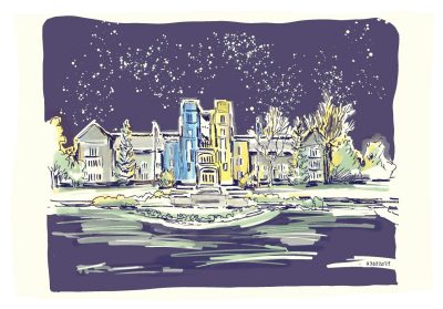 Digital sketch of Burruss Hall lit with the colors of the Ukrainian flag