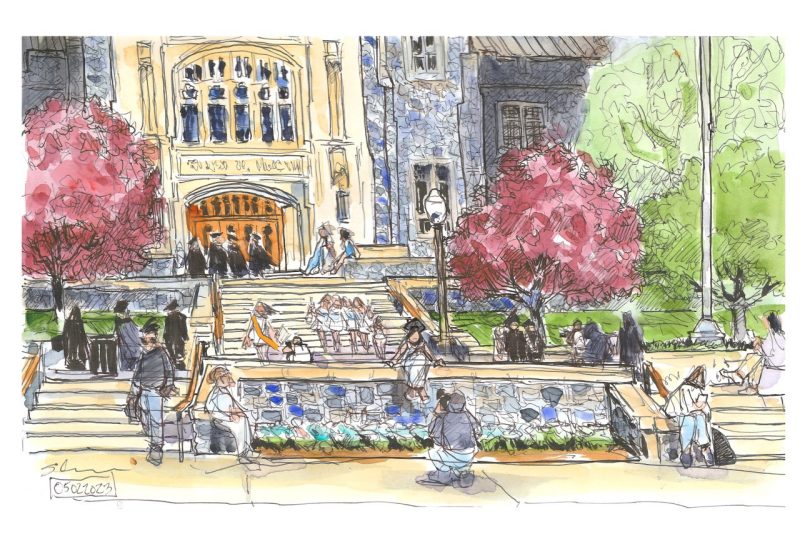 Ink and watercolor sketch of graduates and photographers taking grad photos on Burruss Hall stairs 