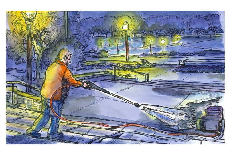 Ink and watercolor sketch of second shift employee washing champaigne off Burruss steps