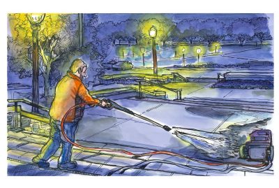 Ink and watercolor sketch of second shift employee washing champaigne off Burruss steps