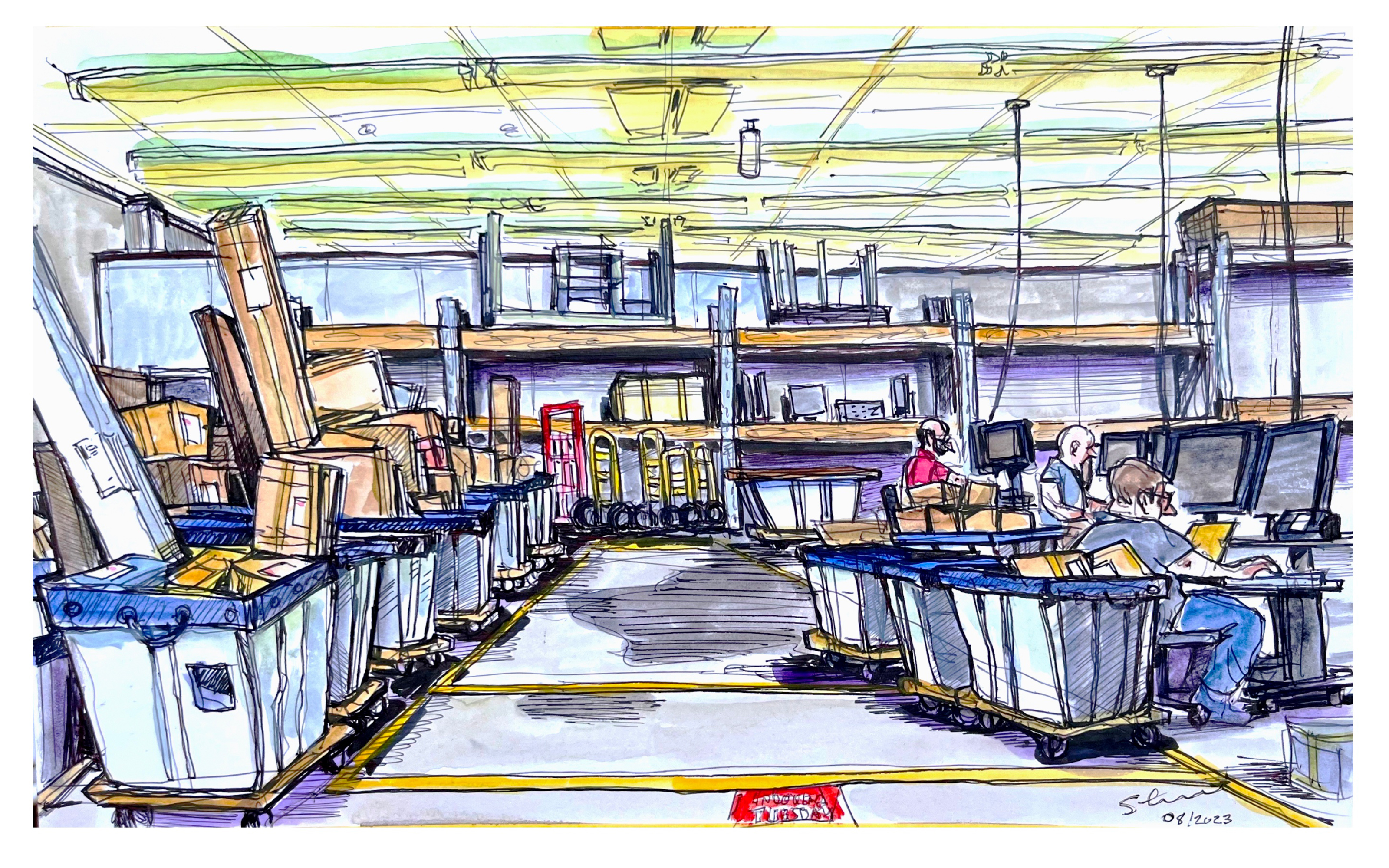 Ink and watercolor of the Package Processing Center managing campus deliveries  during the busiest delivery time of the year