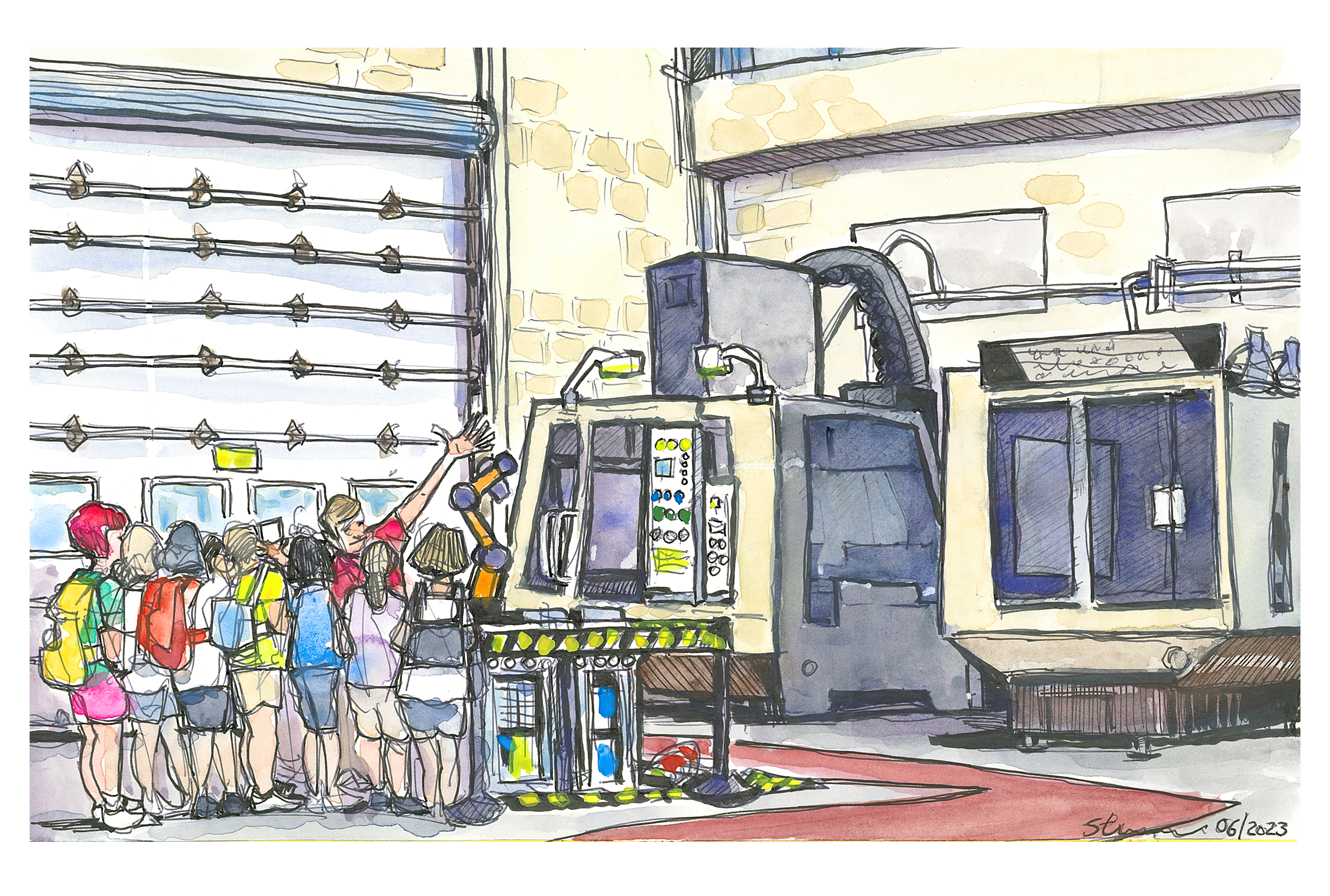 Ink and watercolor sketch of CEED summer camp visitors inside the ISE Learning Factory